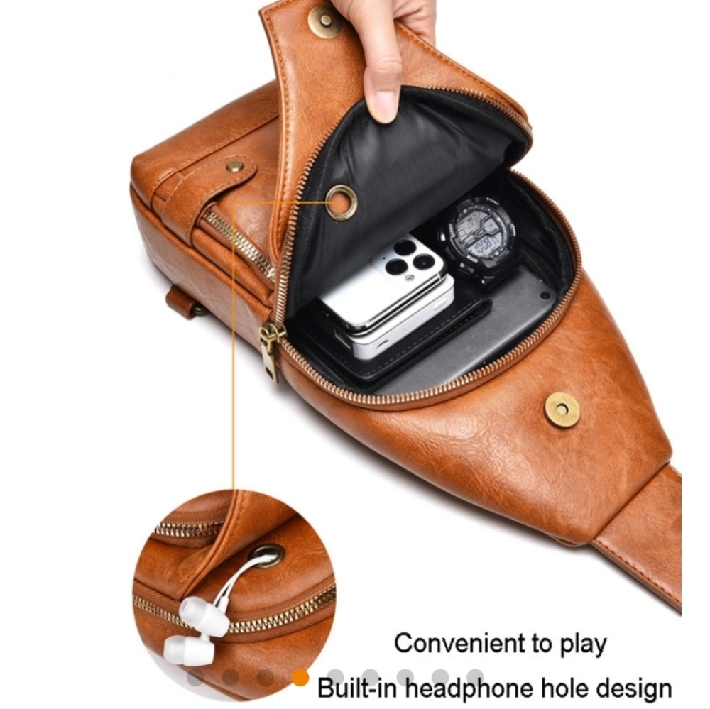 Brown Pleather Sling Bag Multi Pockets 12x8x2.5 New - Picture 4 of 9